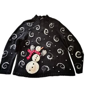 Vintage Timberlea Black Christmas Snowman Pearl Swirl Whimsical Sweater Size L